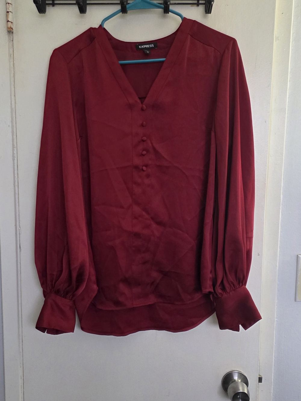 Express Burgundy V-Neck Button-Front Blouse with Puff Sleeves
